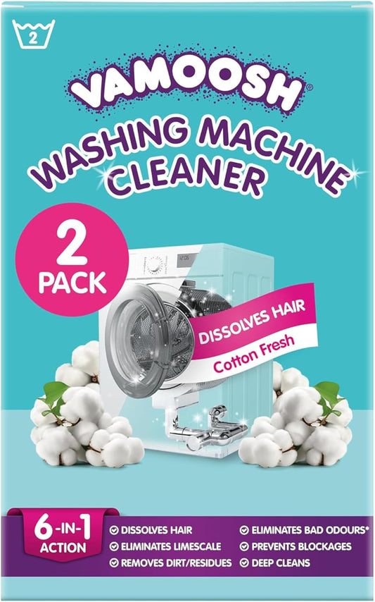Vamoosh 6-in-1 Washing Machine Cleaner | Dissolves Pet Hair | No Harmful Chemicals | Removes Limescale | Eliminates Odor | Descales | Cotton Fresh Scent | For Front Load | 150g (Pack of 6)