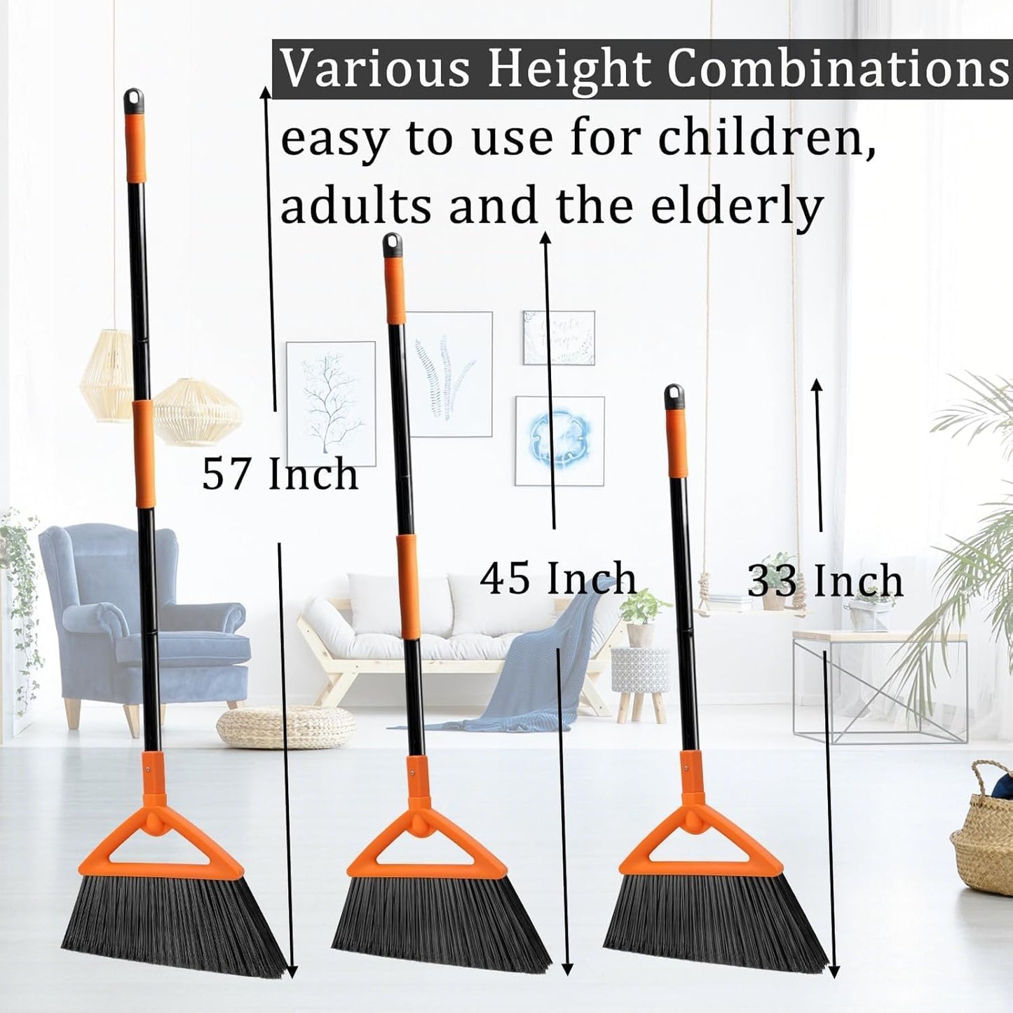 4 PCS Outdoor Indoor Broom, Brooms for Sweeeping Indoor, Heavy-Duty Kitchen Broom with Long Pole, Angle Broom Orange for Garages Restaurant Courtyard Office Slidewalk Lobby Sweep Dust