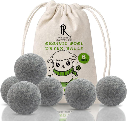 RAYTRADE Wool Dryer Balls 6-Pack 100% Made of Organic New Zealand Wool Reduces Clothing Wrinkles and Saves Drying Time Reusable Natural Fabric Softener Stocking Stuffer Gifts (Gray)