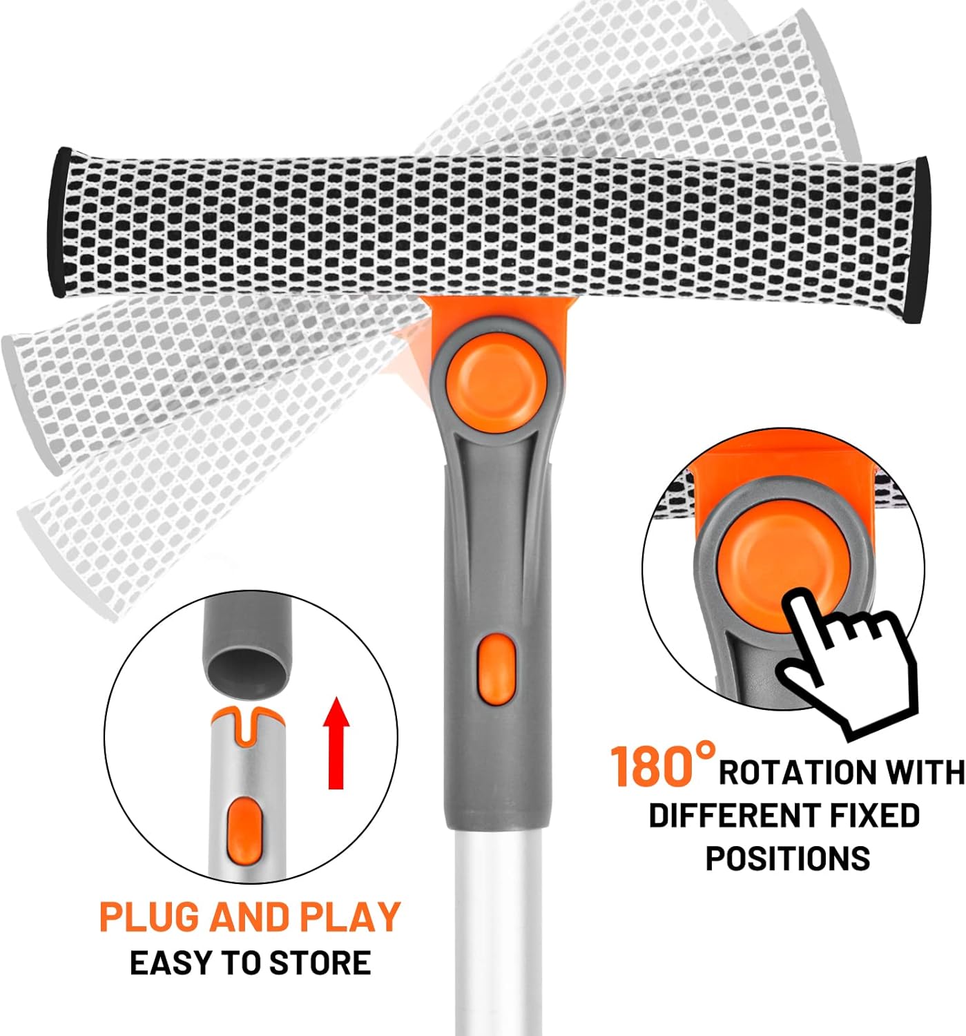 eazer Professional Window Squeegee, 2-in-1 Rotatable Squeegee for Window Cleaning Kit, Window Cleaner Tool, Window Washing Equipment Kit with Extension Pole (20''-30'') for Shower/Windshield