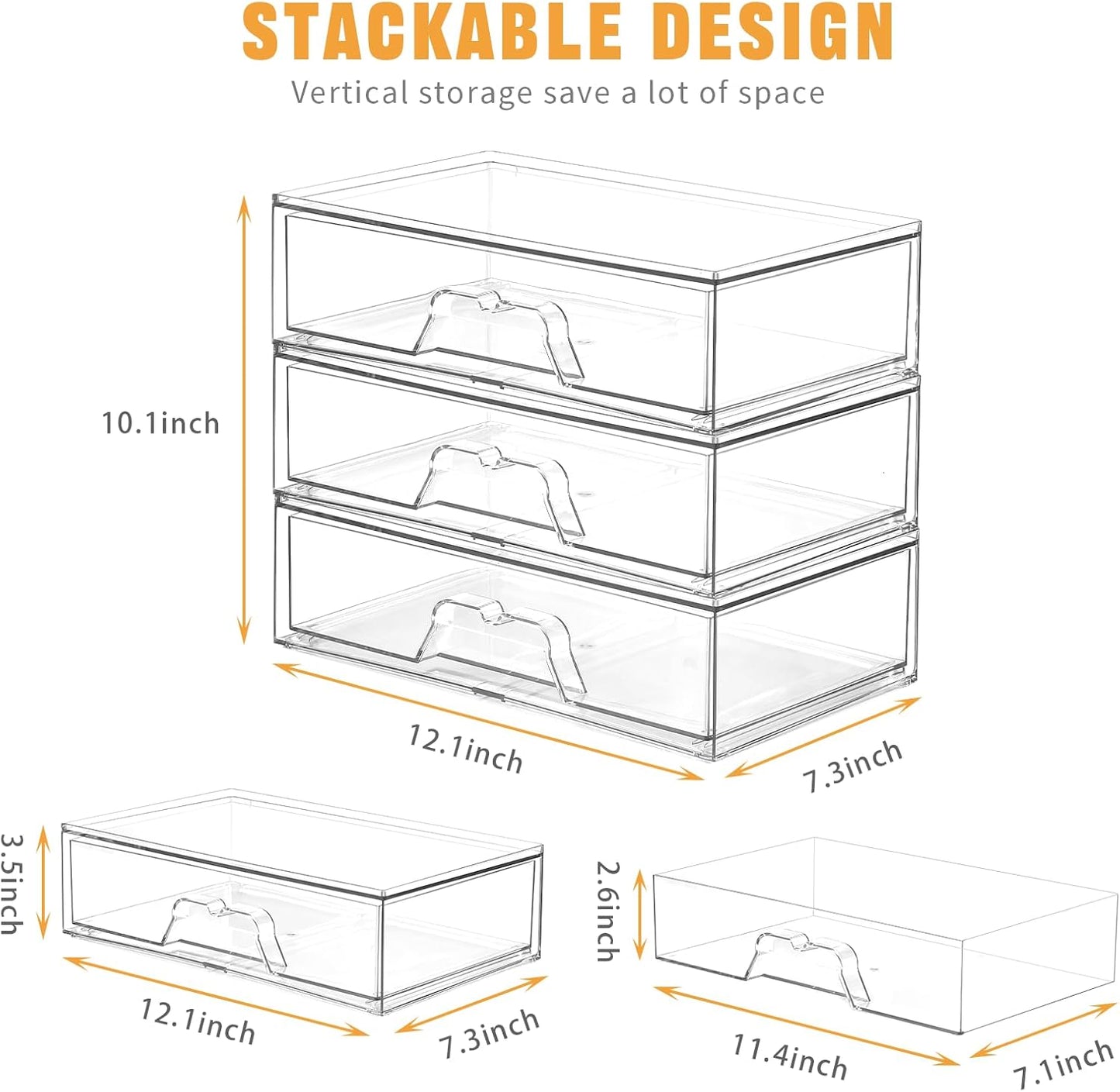 2 Pack Stackable Makeup Organizer, 12.1''L Acrylic Bathroom Organizer and Storage Undersink Drawer, Cosmetics and Beauty Supplies,Clear Plastic Storage Bins for Desk,Cabinet,Kitchen,Vanity,Pantry