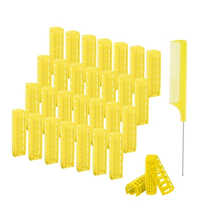 ZMD 28PCS Small Plastic Hair Rollers Set, 0.6In/1.5cm Snap on Rollers Self Grip Hair Curlers Heatless Rollers with Comb Hairdressing Curlers Tools for Women/Men Short Thin Fine Hair (Yellow)