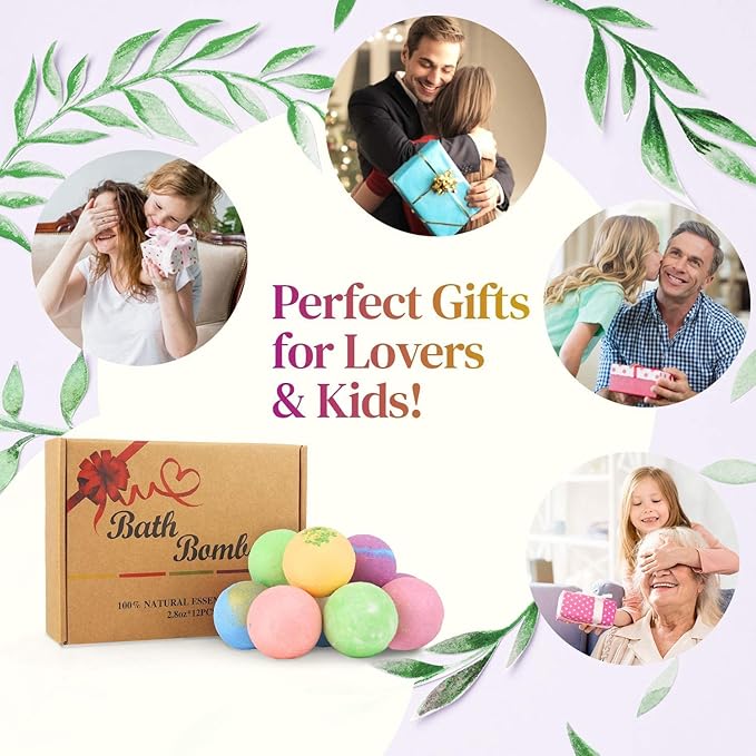 Bath Bombs Gift Set Large 12 PCS 2.8oz Organic Natural Essential Oils, Relax and Moisturize Skin, Luxury Spa Bomb Gifts for Girl, Mom, Kids, Wife, Birthday, Valentine's Day, Anniversary
