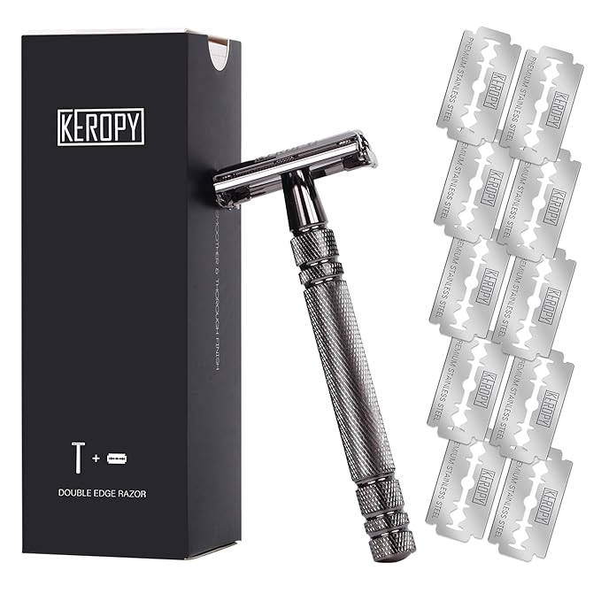 Vintage Classic Double Edge Safety Razor for Men - Weighted Butterfly Open Comb Design with 10 Keropy Extra Blades - Stainless Steel Razor for Close Smooth Shave - Gloss Black Finish