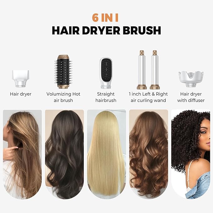 6 in 1 Hair Dryer Brush, Foldable Blow Dryer Brush with Wrap Curler, Detachable Air Hair Styler Curling, Drying,Volumizing, Straightening, Negative Ionic Hair Dryer with Diffuser, Hair Styling Tools