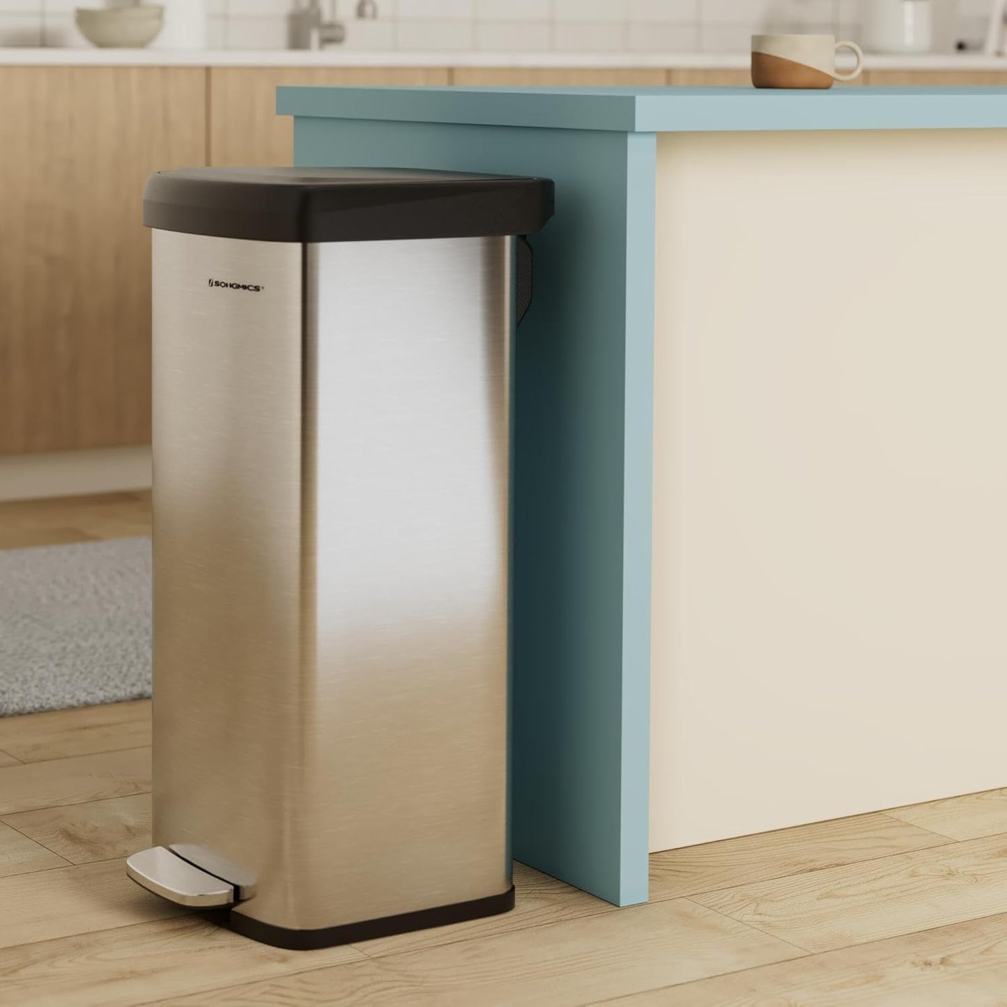SONGMICS Kitchen Trash Can, 18-Gallon Stainless Steel Garbage Can, with Stay-Open Lid and Step-on Pedal, Soft Closure, Tall, Large and Space-Saving, Silver and Black ULTB520E68