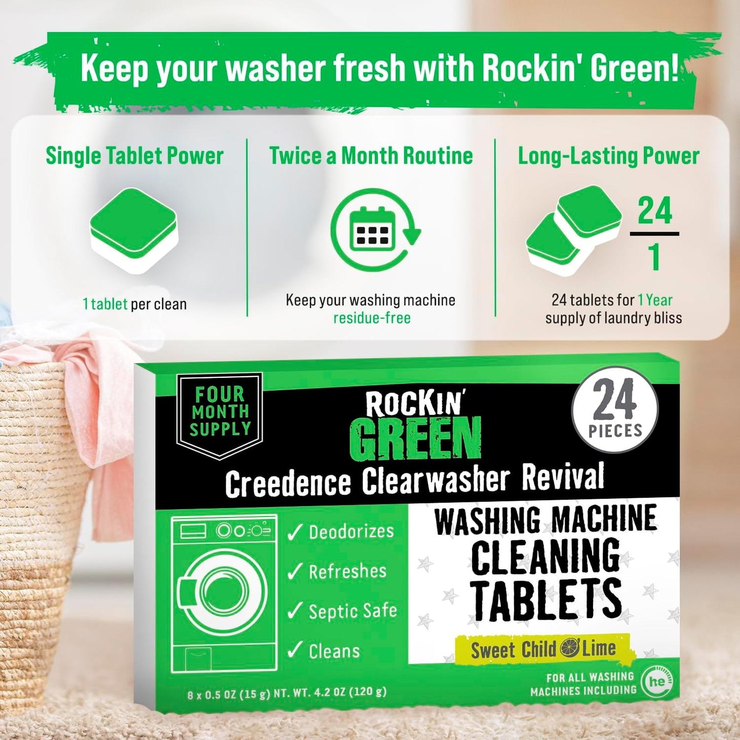 Rockin' Green Deep Cleaning and Deodorizing Tablets for Dishwashers, Washing Machines, and Garbage Disposals, Removes Odor and Residue (Washing Machine Cleaning Tablets, 24 Pack)
