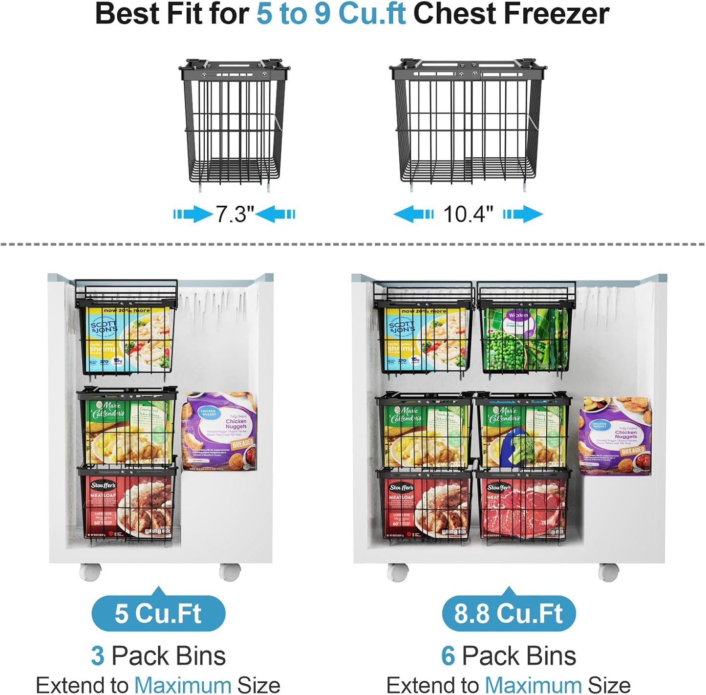 iSPECLE Freezer Organizer Bins - 1 Pc Hanging Basket & 2 Pcs Adjustable Wider & Deeper Chest Freezer Organizer Bins for 5 to 9 Cu Ft, Extra Large & Easy Organize Stackable Basket Store More, Black