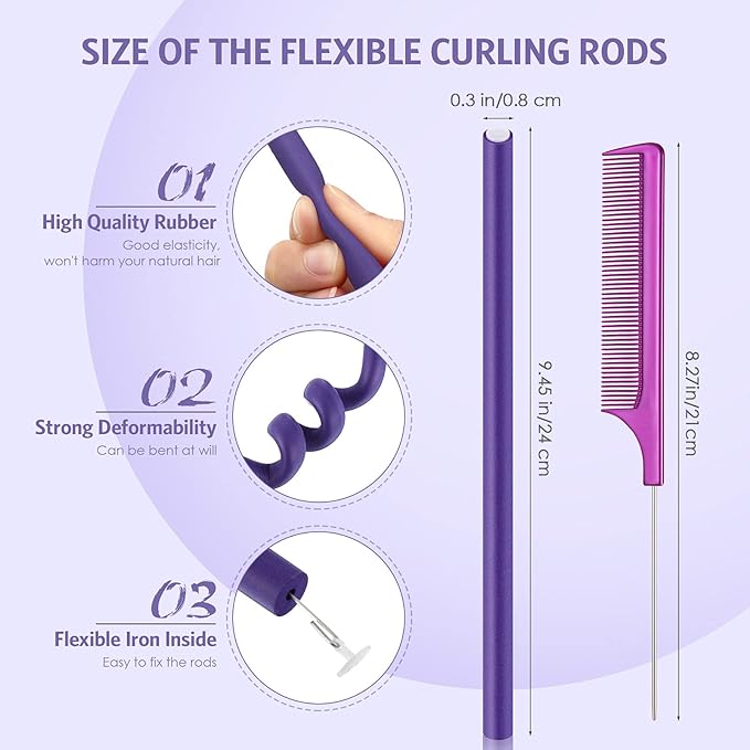 Chuangdi 20 Pcs Flexible Curling Rods Twist Foam Hair Rollers Soft Foam Hair Rods Rollers Curlers and Pintail Comb for Women Long and Short(0.31 x 9.4 Inch,Purple)