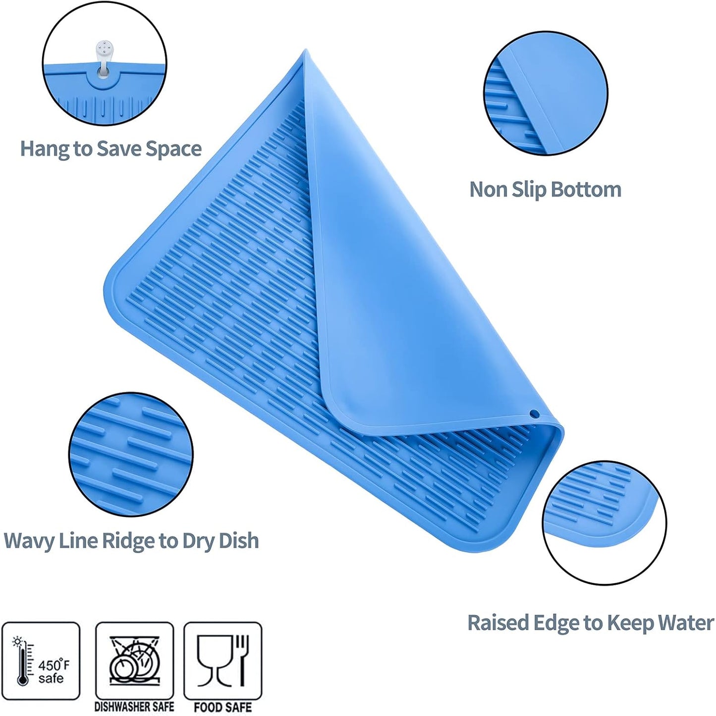 Silicone Dish Drying Mat for Multiple Usage,Easy clean,Eco-friendly,Heat-resistant Silicone Mat for Kitchen Counter or Sink,Refrigerator or Drawer Liner Lichen BlueL 2XL 24 inches x 18 inches