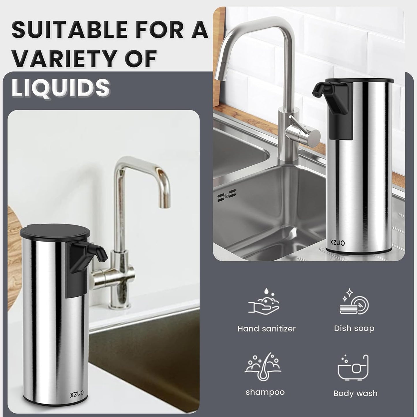 Automatic Soap Dispenser Touchless 11.8oz 4-Level Adjustment Auto Hand Soap Dispenser Stainless Steel Battery Operated for Bathroom Kitchen Hotel