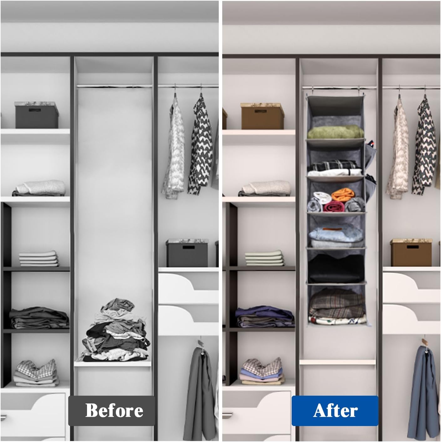 2 Packs Hanging Closet Organizer, 4-Shelf Closet Organizers and Storage with Side Pockets, Collapsible Hanging Shelves for Closet & RV & College Dorm,Grey