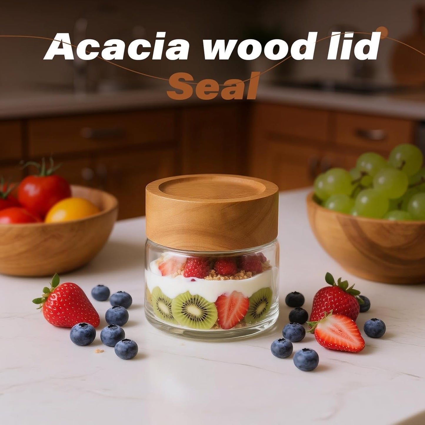 2-Pack 4 oz Leakproof Mason Jars with Airtight Acacia Wood Lids - Small Glass Food Storage Containers for Overnight Oats, Spices, Snacks, Kitchen Pantry Organization