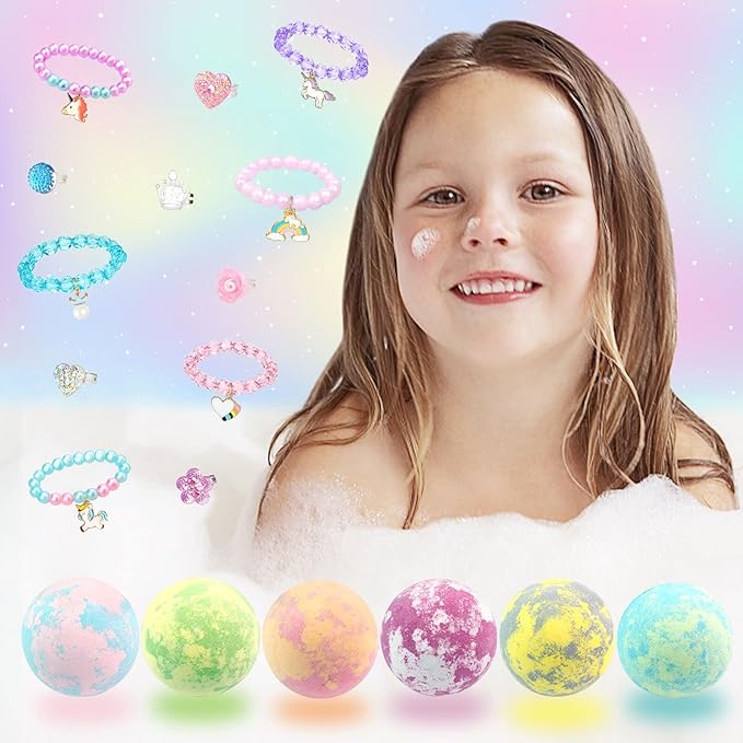 Bath Bombs for Kids Girls with Surprise Inside 6 Large Organic Bubble Kids Bath Bombs with Jewelry Toys Inside Safe & Natural Bathbombs Birthday Christmas Easter Surprise Princess Gifts Set for Girls