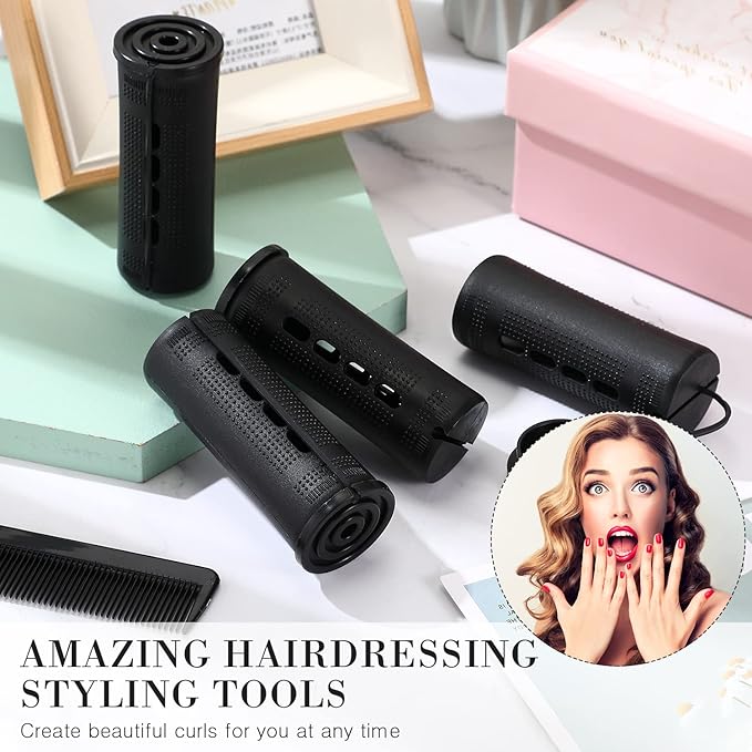 24 Pieces Hair Perm Rods Plastic Cold Wave Perming Curlers Hair Rollers with Steel Pintail Comb Rat Tail Comb Tools for Hairdressing Styling(Black,1.18 Inches)