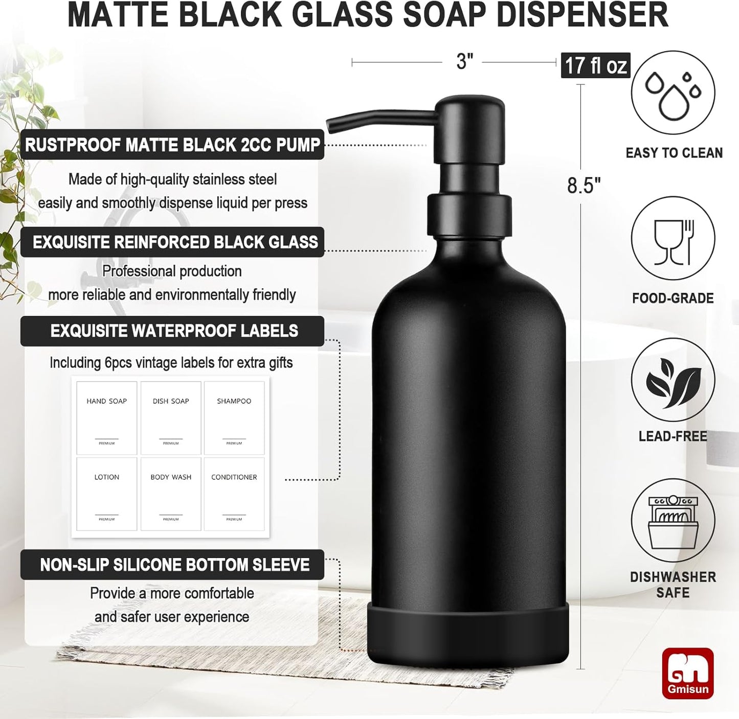 GMISUN Black Soap Dispenser with Silicone Sleeve Boot, 2 Pack Glass Bathroom Hand Soap Dispensers with Stainless Steel Pump, 17 Fl Oz Kitchen Hand and Dish Soap Dispenser Set, Liquid Dispensers Bottle