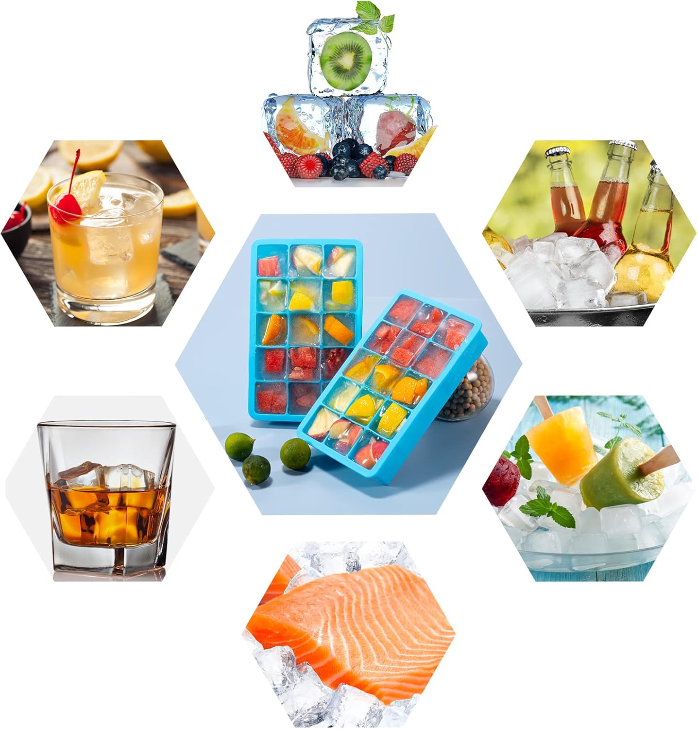 2 Pack Ice Cube Trays, ZDPMK Silicone Easy Release Flexible Molds 15 Ice Cubes Tray for Freezer，Cocktail，Whiskey，Reusable & BPA Free