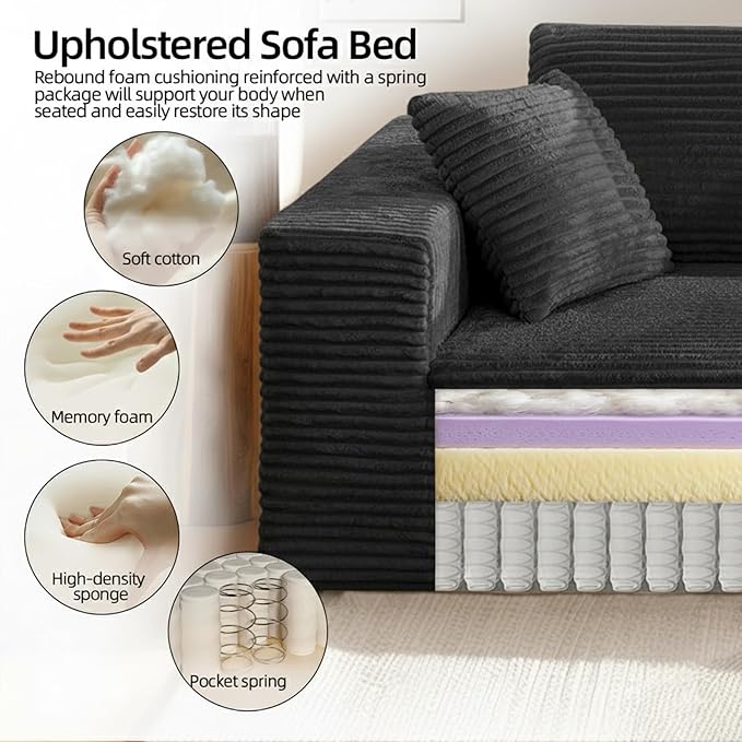 2-Seater Deep-Seat Corduroy Lounge Sleeper Sofa - No Assembly, Frameless Foam Cloud Couch for Living Room, Bedroom, Apartment, Dorm, Office