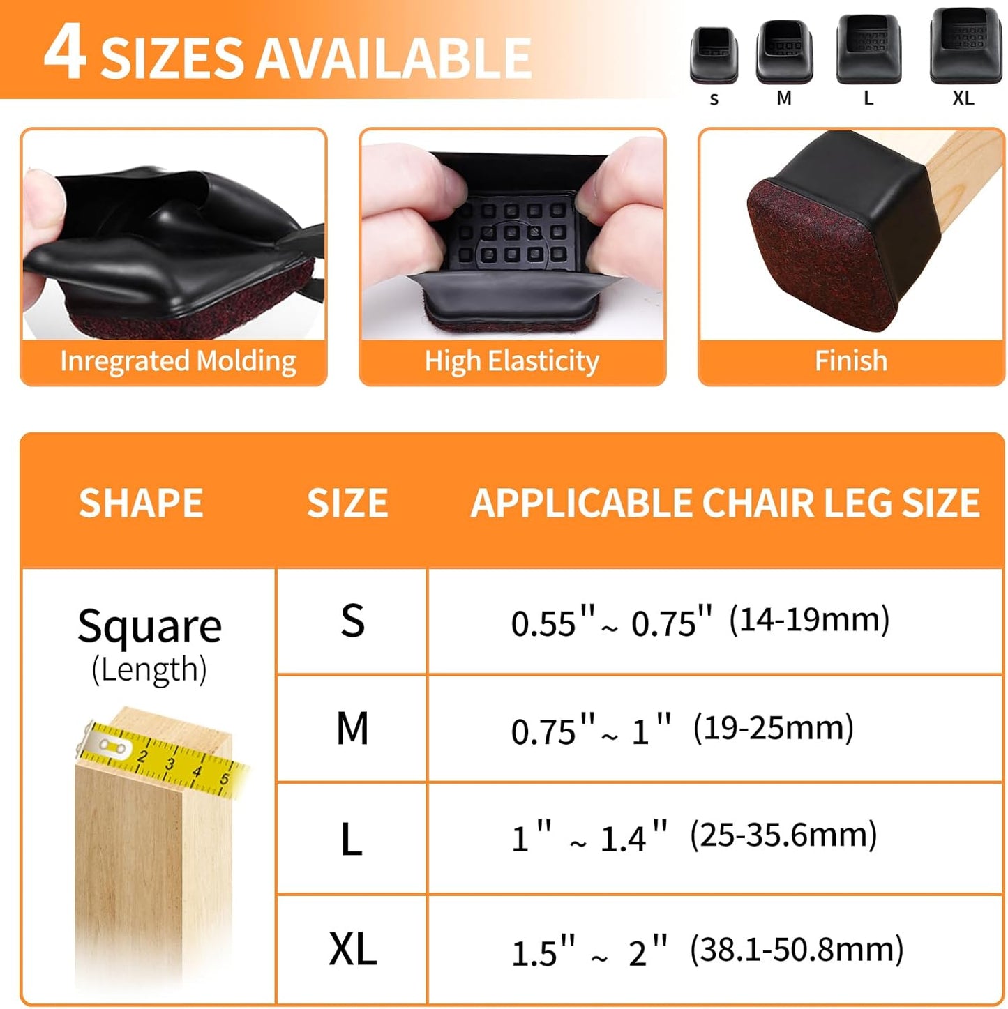 Ezprotekt 24 Pcs Square Chair Leg Floor Protectors with Felt, Silicone Felt Furniture Pads for Hardwood Floor, Dining Table Leg Caps Covers No Scratches and Noise (L Fit: 1" - 1.4", Black)