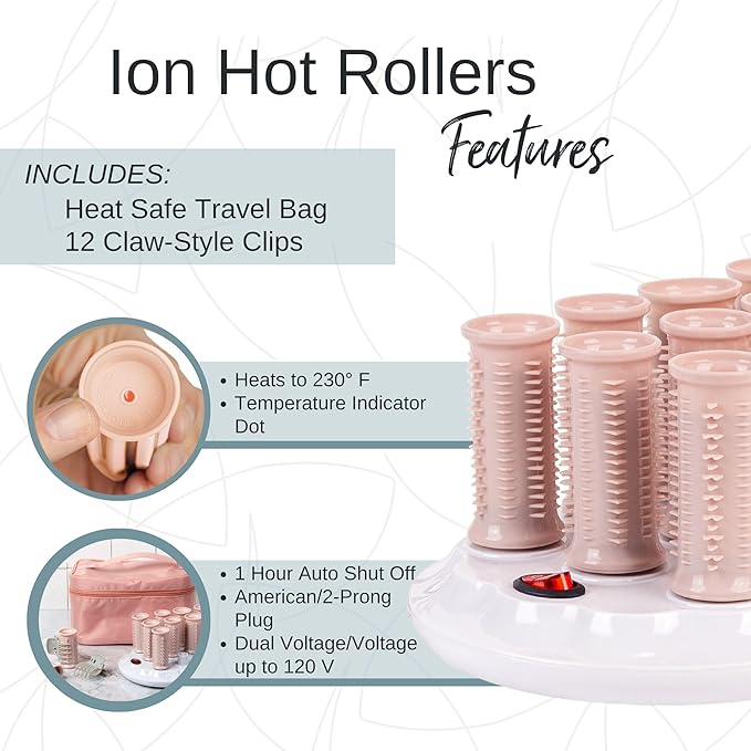 CALISTA Ion Hot Rollers for Long Hair | Hair Roller Clips Included | Heats to 230°F | Dual Voltage | Add Hands-Free Curls, Waves, and Volume (Pink Verbena, Long - 12)