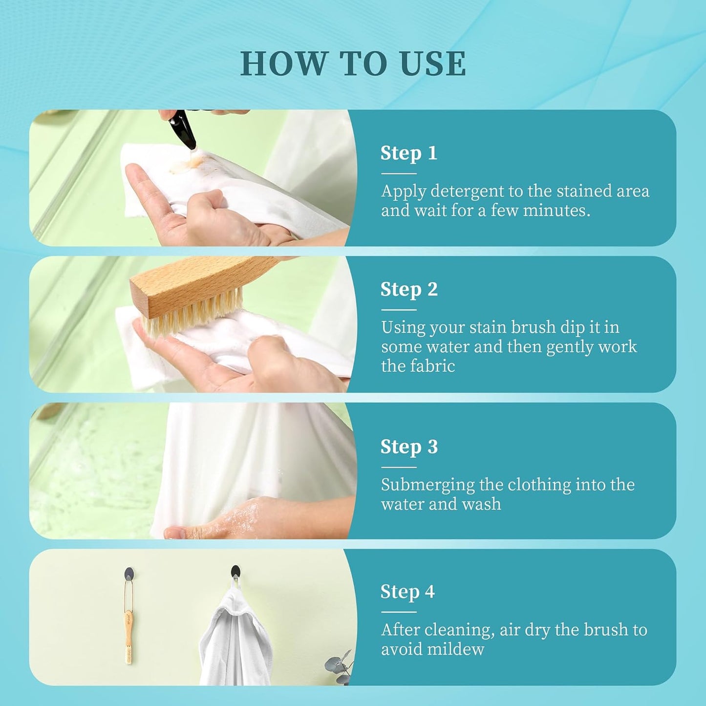 BFWood 2PCS Laundry Stain Brush - Natural Soft Boar Bristles, Removes Tough Stains from Delicate Fabrics Like Knits, Cotton, and Linens, Gentle on Fabrics, No Damage