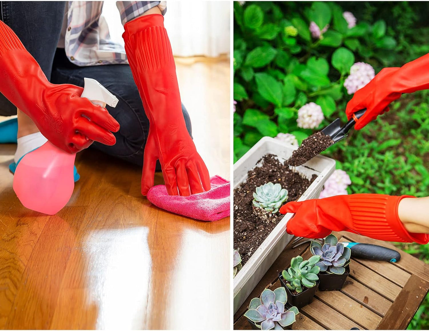 Vgo... 1-Pair Dishwashing Gloves, Reusable Household Gloves, Kitchen Gloves, Long Sleeve, Thick Latex, Cleaning, Washing, Working, Painting, Gardening, Pet Care (Size S,Red, RB2143)