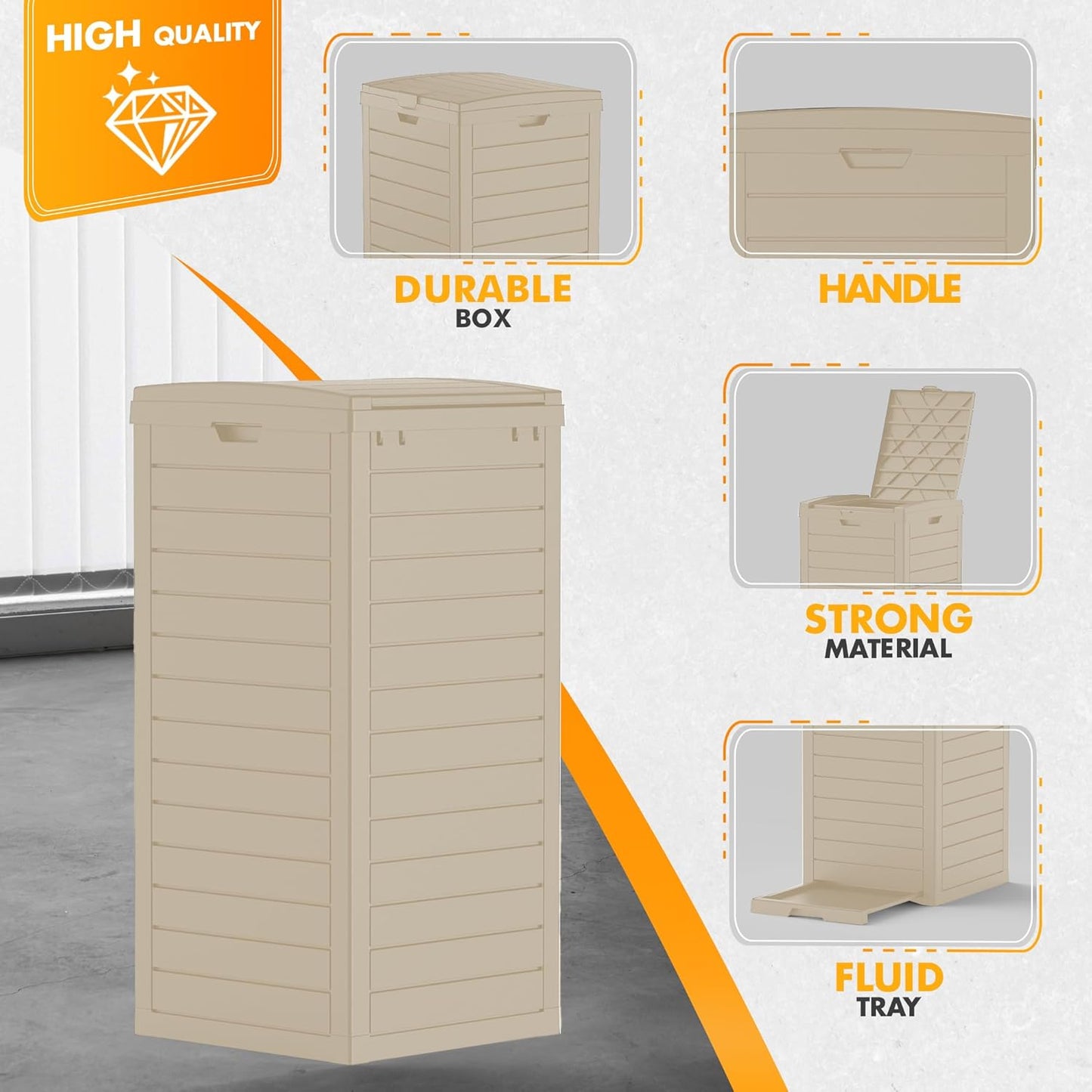 31 Gallon Outdoor Trash Can, Waterproof Resin Trash Can with Layered Lid and Drip Tray, Perfect for Patio, Backyard (Grey)