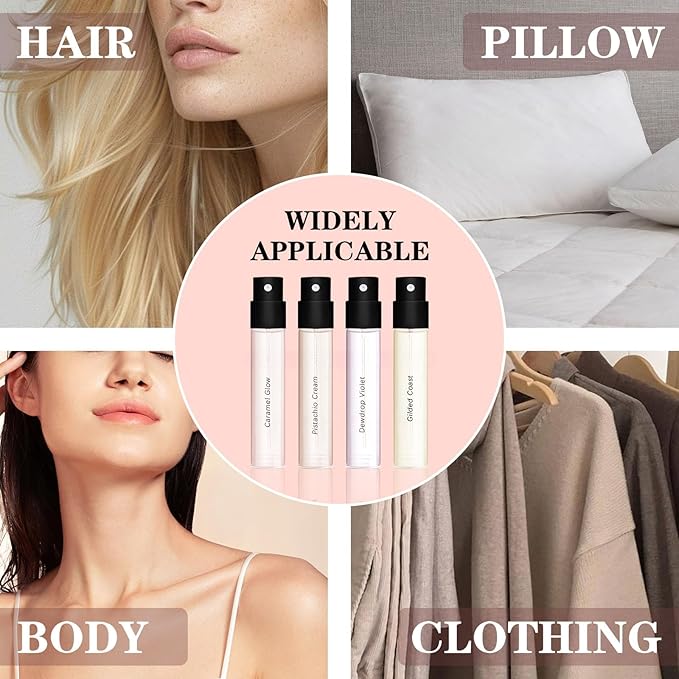 Travel Size Hair Perfume Spray Set for Women, 4 x 0.05 Fl Oz Long Lasting Fresh Scent, Mini Deodorizing Hair Mist, Portable Fragrance Gift Set