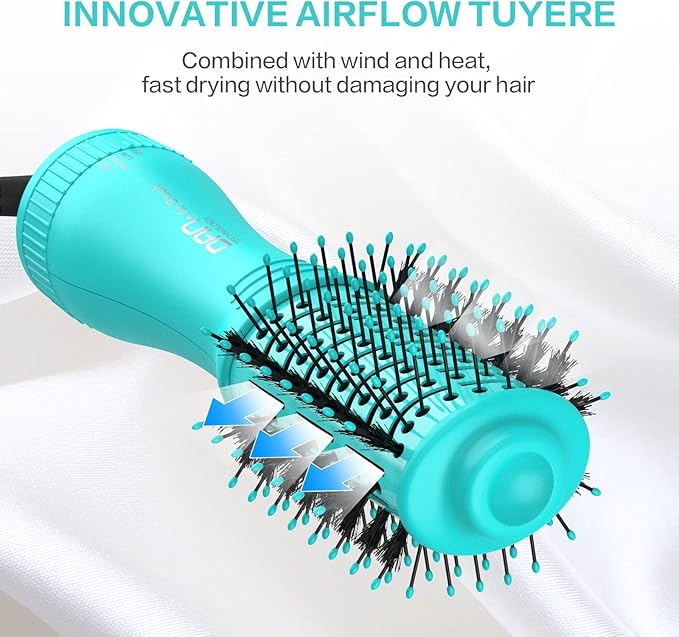 Dan Technology Blow Dryer Brush Hair Dryer Brush Hot Air Blowout Brush 120V 3 Speeds Oval Shape Volumizer Straightener Brush Faster Drying Mini Size Lightweight (Cyan)
