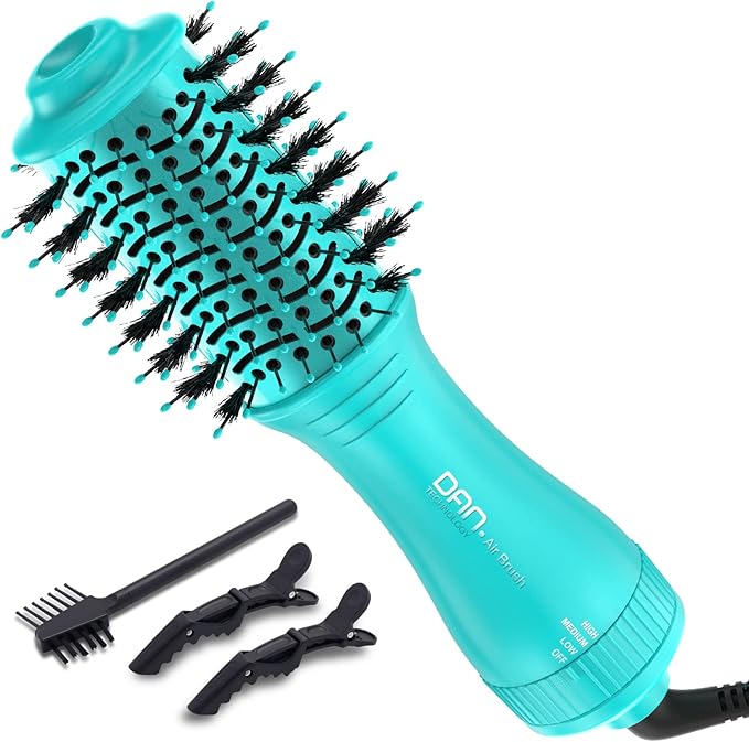 Dan Technology Blow Dryer Brush Hair Dryer Brush Hot Air Blowout Brush 120V 3 Speeds Oval Shape Volumizer Straightener Brush Faster Drying Mini Size Lightweight (Cyan)