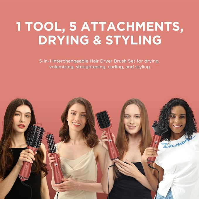 IG INGLAM Blow Dryer Brush Set, 5-in-1 Multi-Styler for Drying, Salon Blowouts, Smooth Curls, Sleek Styles, Ionic Hot Air Brush with Soft Tufts & Nylon Bristles for Frizz-Free Hair, Strawberry Bronze