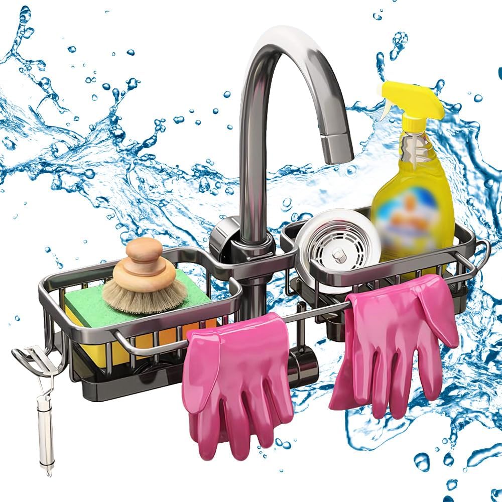 Sink Organizer Rack for Kitchen and Bathroom, 2024 New Kitchen Sink Faucet Organizer with Drip Tray Faucet Sponge Holder (Grey, Left+Right)