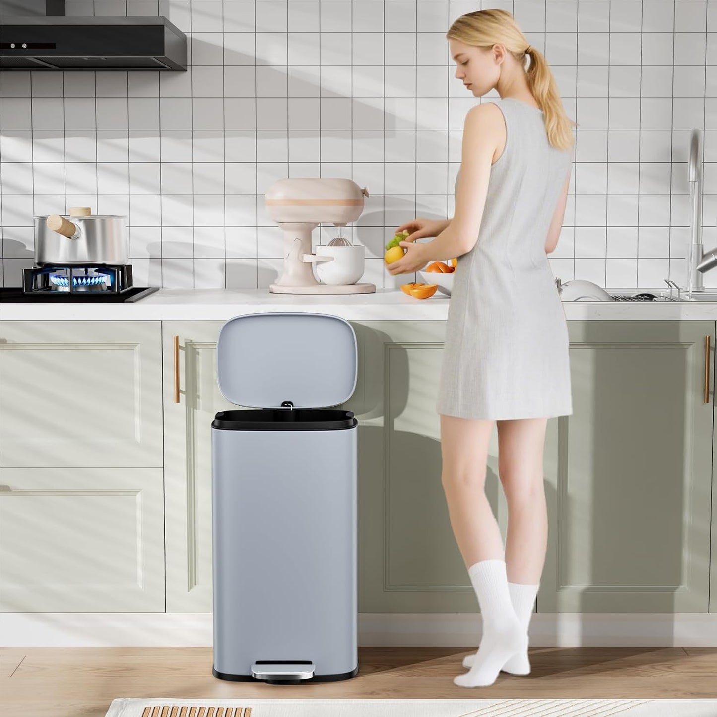 Arlopu 8/13.2 Gallon Step Trash Can, Stainless Steel Garbage Bin, Soft-Close Rubbish Bin with Removable Plastic Inner Bucket, Fingerprint-Proof, Lid Dustbin, Suit for Kitchen Home (Haze Blue, 30L)