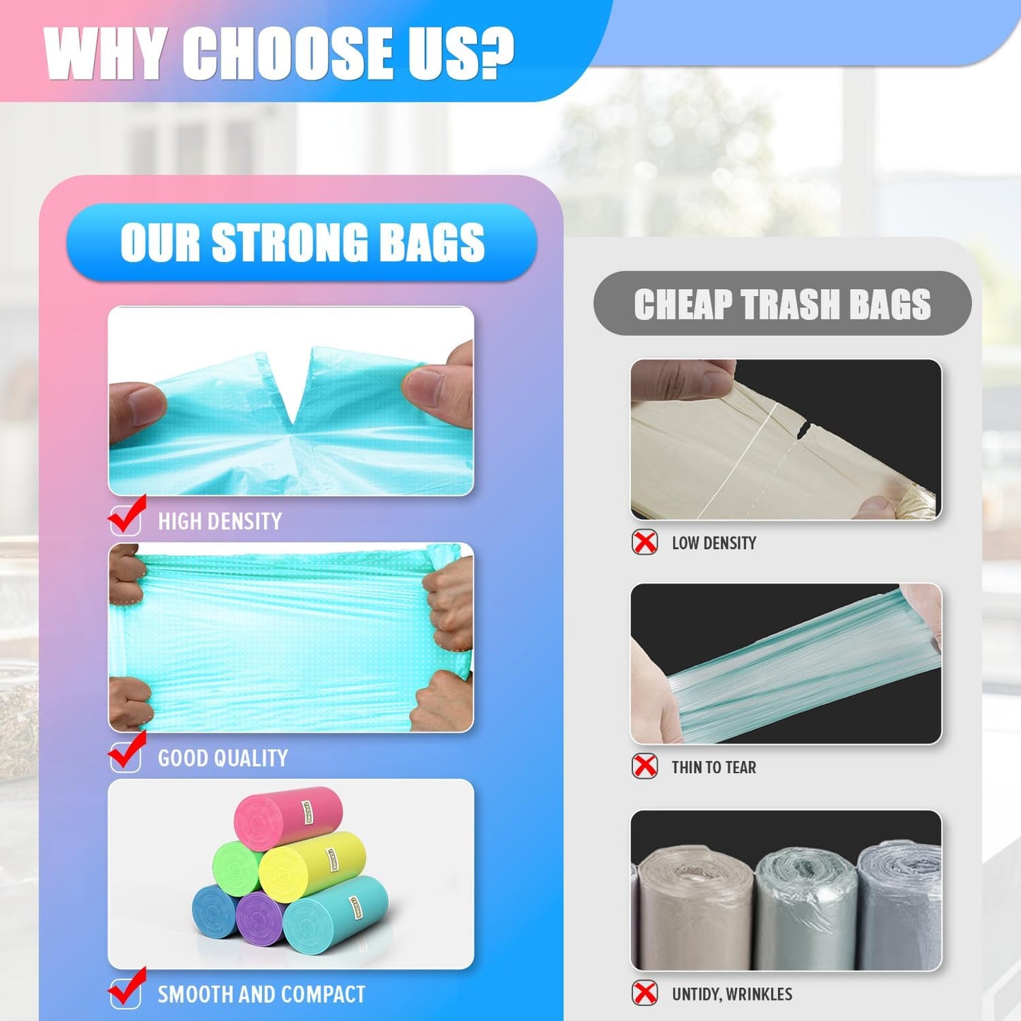 300 Count 1.2 Gallon Trash Bags - 4.5 Liter Colored Small Garbage Bags Unscented Mini Can Liners Leakproof & Tear Resistant for Bathroom, Office, Home