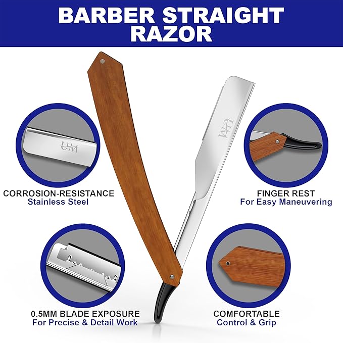 UM Supplies Straight Edge Razor with 100 Replaceable Single Edge Blades kit | Men's Straight Shaving Razors | Navajas para Barbero (Wooden Straight)