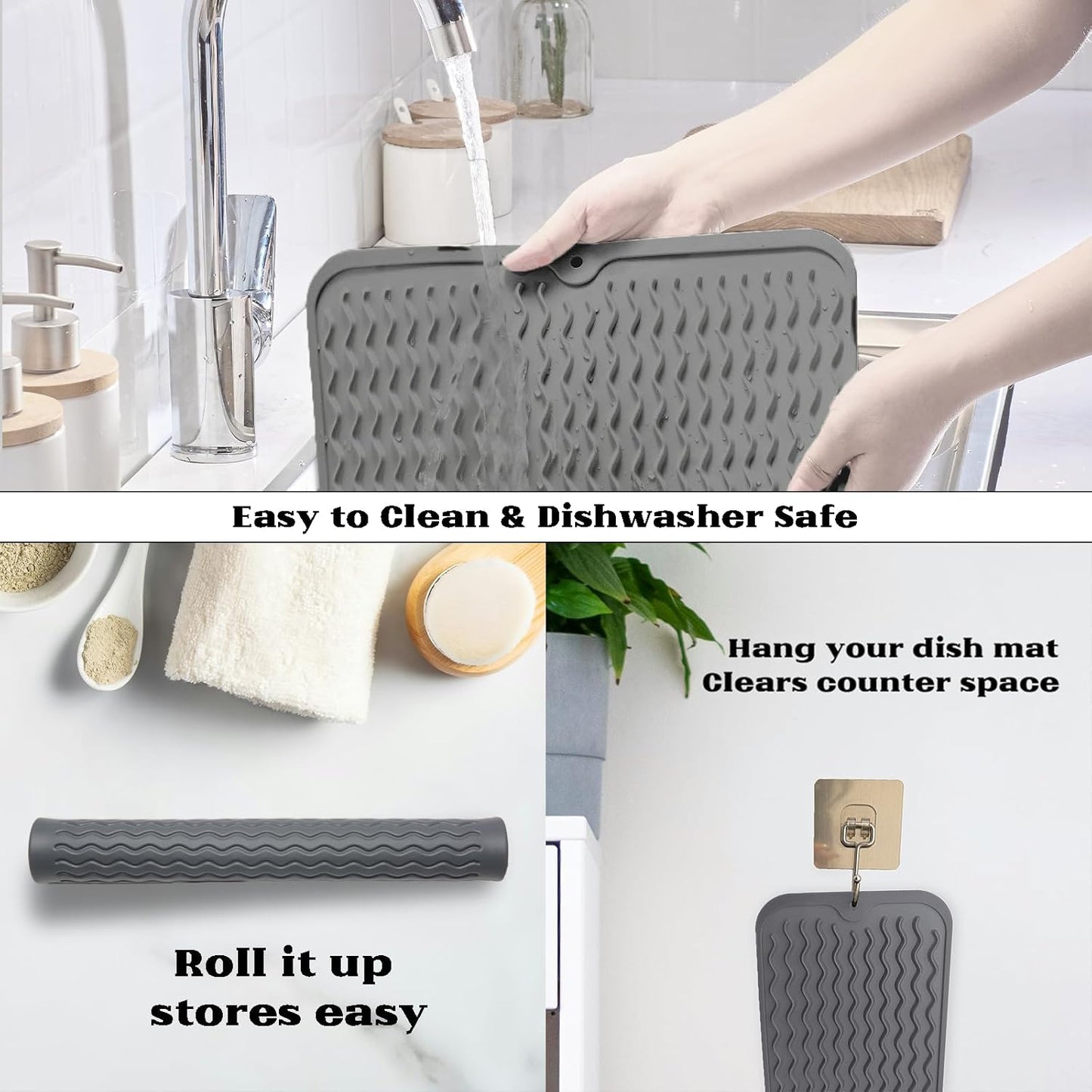 ZLR Silicone Dish Drying Mat for Kitchen Counter, Eco-Friendly Fast Dry Dish Mat, Easy Clean Multi Usage Drying Matt, Heat Resistant Trivet, 12" x 12" Middle, Dark Gray