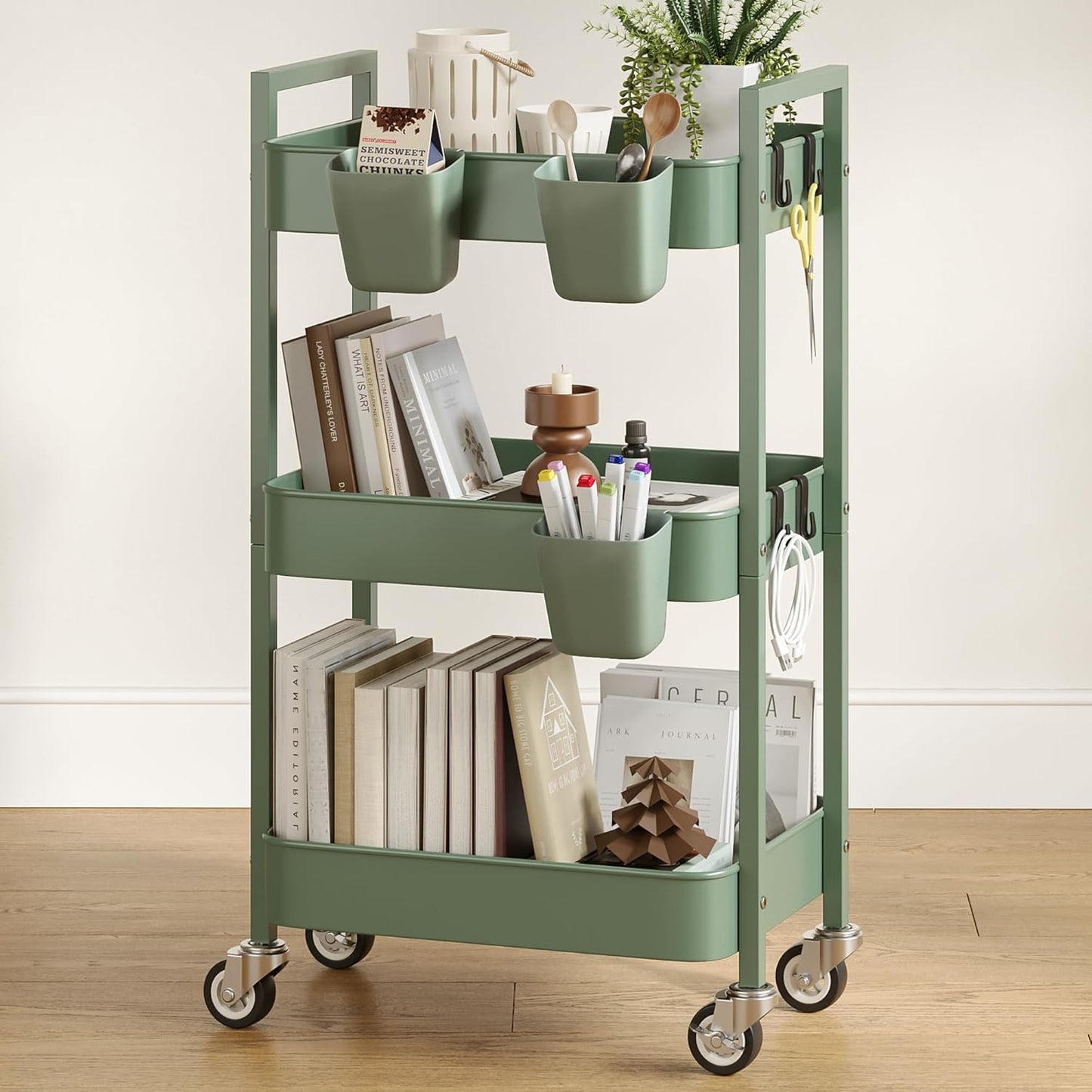 3 Tier Rolling Cart,Utility Cart with Locking Wheels, Hanging Cups,&Hooks, Heavy Duty Metal Storage Organizer Cart for Kitchen,Office, Bathroom,Craft Room,Green
