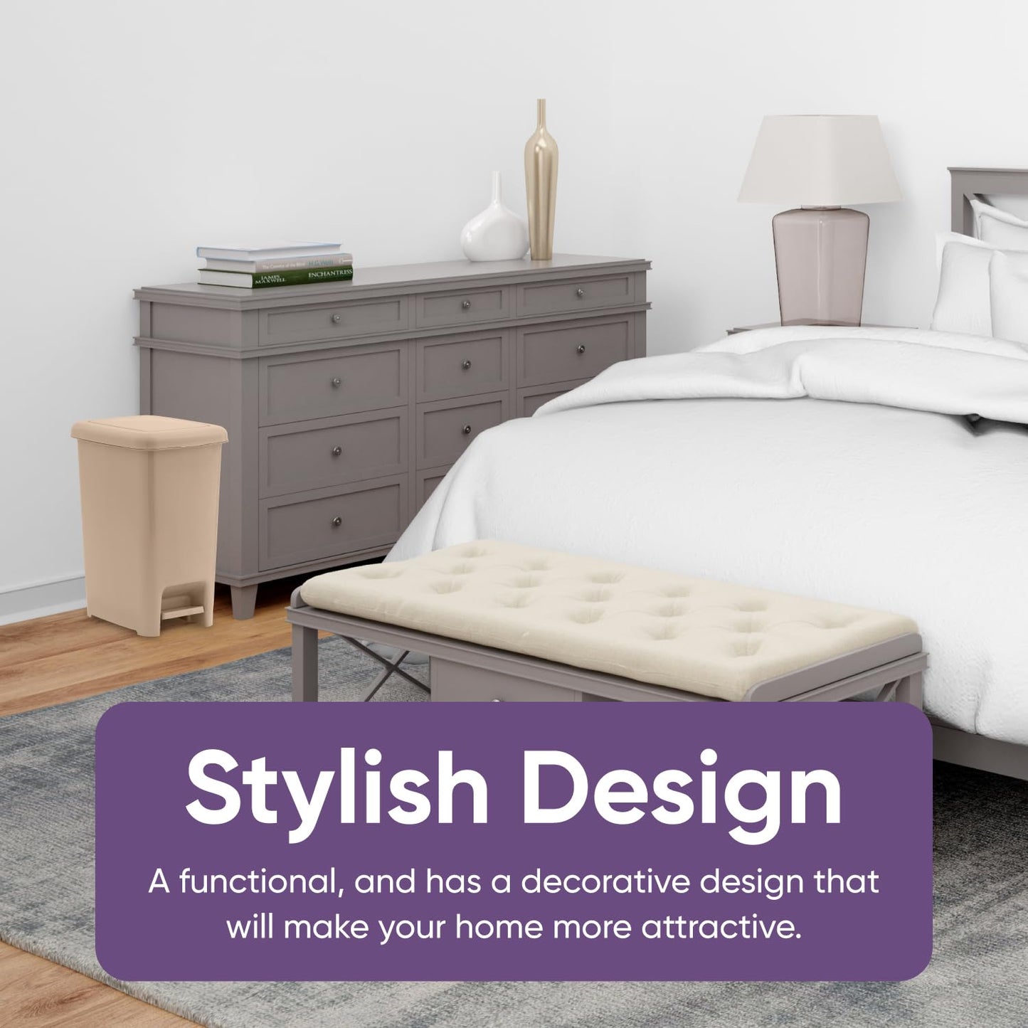 Superio Slim Step On Trash Can, Beige Waste Bin with Foot Pedal Lid 26 Liter, Kitchen, Under Desk, Office, Bedroom, Bathroom (1, 4 Gallon)