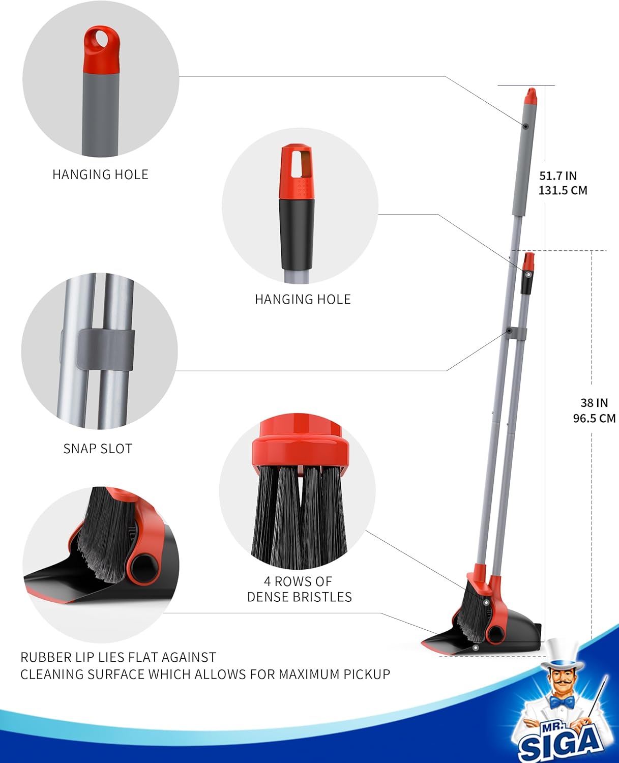 MR.SIGA Broom and Dustpan Set with Long Handle, Stand Upright Broom with Dustpan Combo for Floor Cleaning, Lightweight Sweeping Set for Indoor and Outdoor Use, 51.7"(131 cm) Long Handle, Black & Red