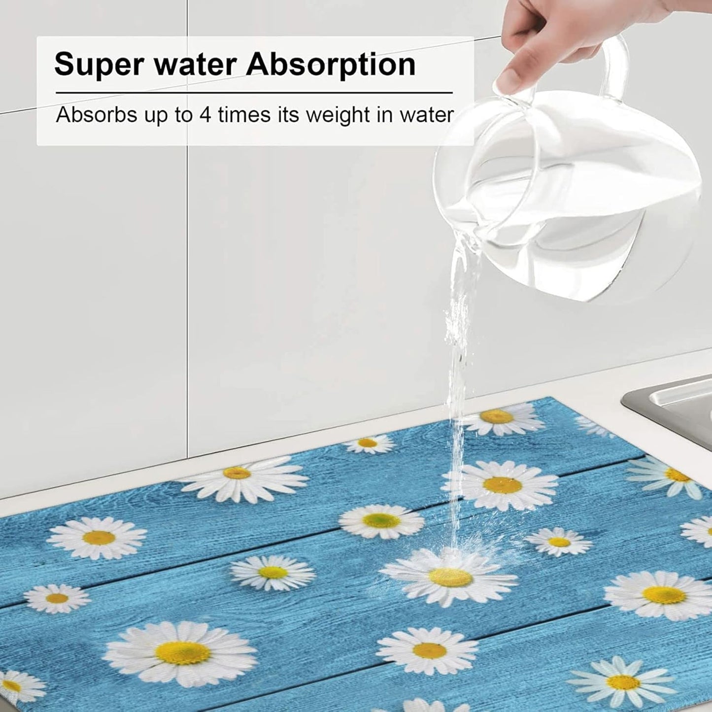Daisies On Vintage Blue Wood Dish Drying Mats For Kitchen Counter Microfiber Absorbent dish Mat Xl Reversible Drying Mats For Countertop 18 Inch X 24 Inch