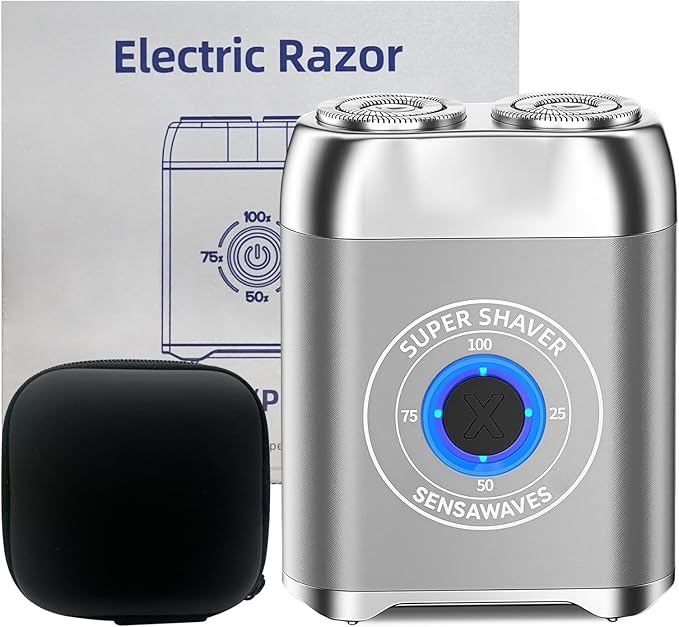 Electric Shaver for Men, Portable Travel Shaver for Face & Beard, IPX7 Waterproof Rechargeable Razor with Detachable Head, Cordless Wet/Dry Shaving, Easy Cleaning, Includes Storage Case (Silver)