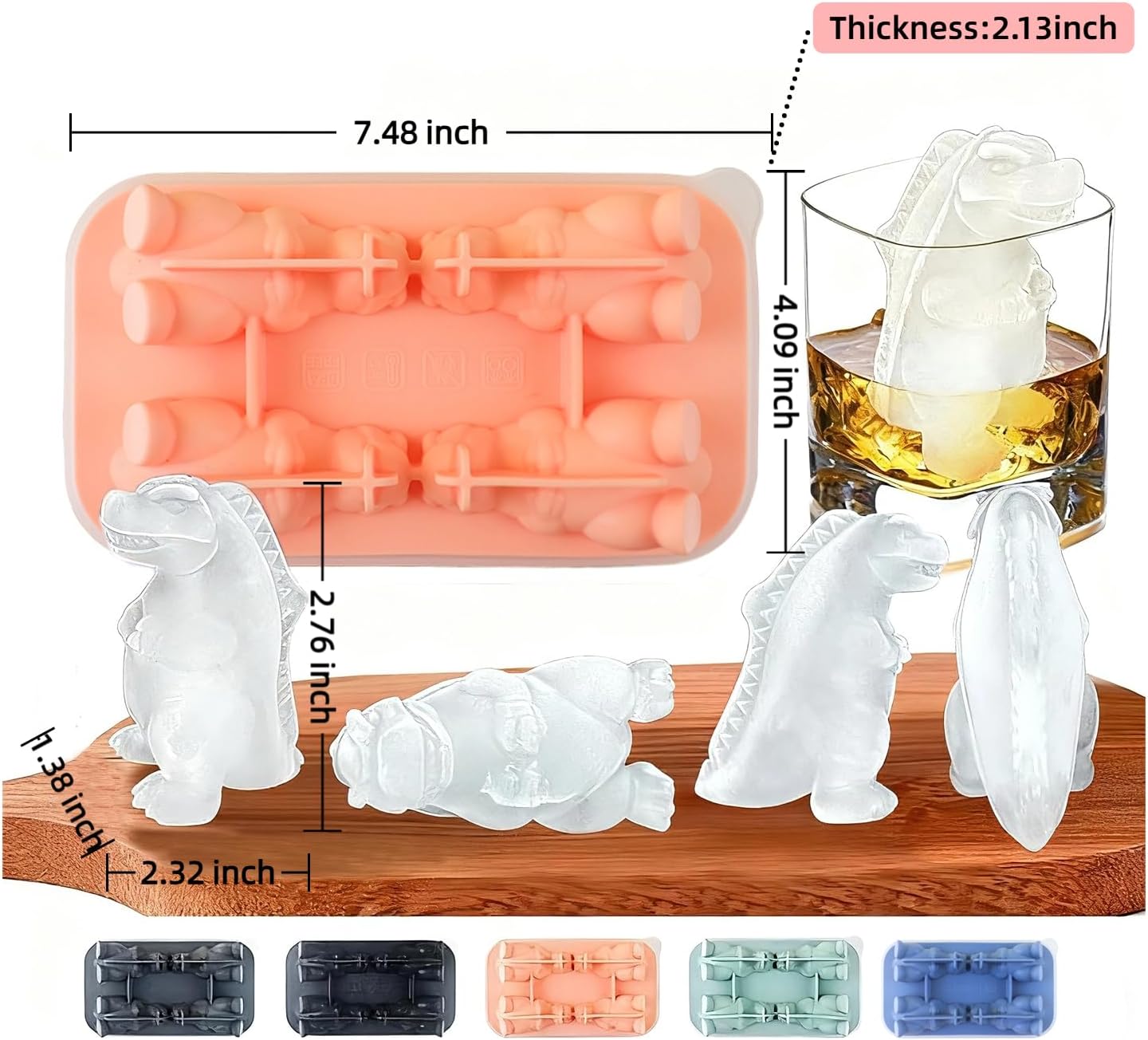 7.48inch Newly Upgraded 4-grid 3D Dinosaur Ice Tray and Covered Silicone Ice Tray, Suitable for Bars, Outdoor and Home Use (1, yellow)