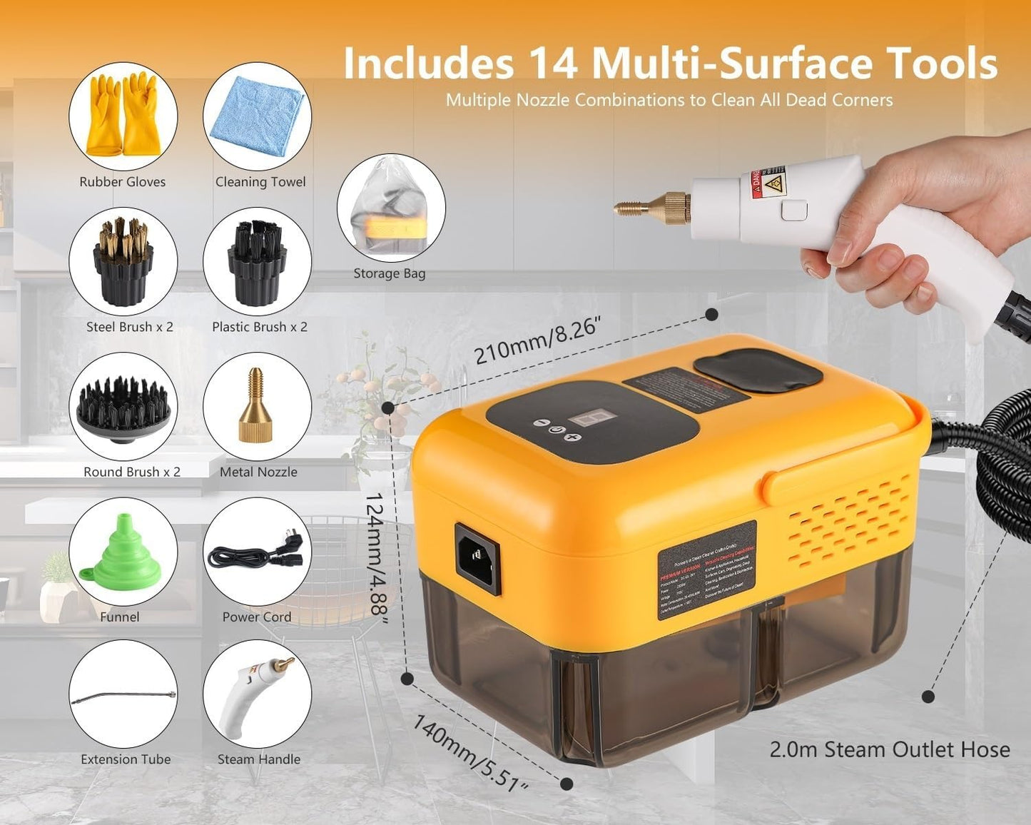 Steam Cleaner for Home, Handheld 2500W High Pressure Steamer for Cleaning, 9-Level Multipurpose Steam Cleaner for Car Floor Upholstery Kitchen Bathroom Grout Tile, 14 Accessories Included, Yellow