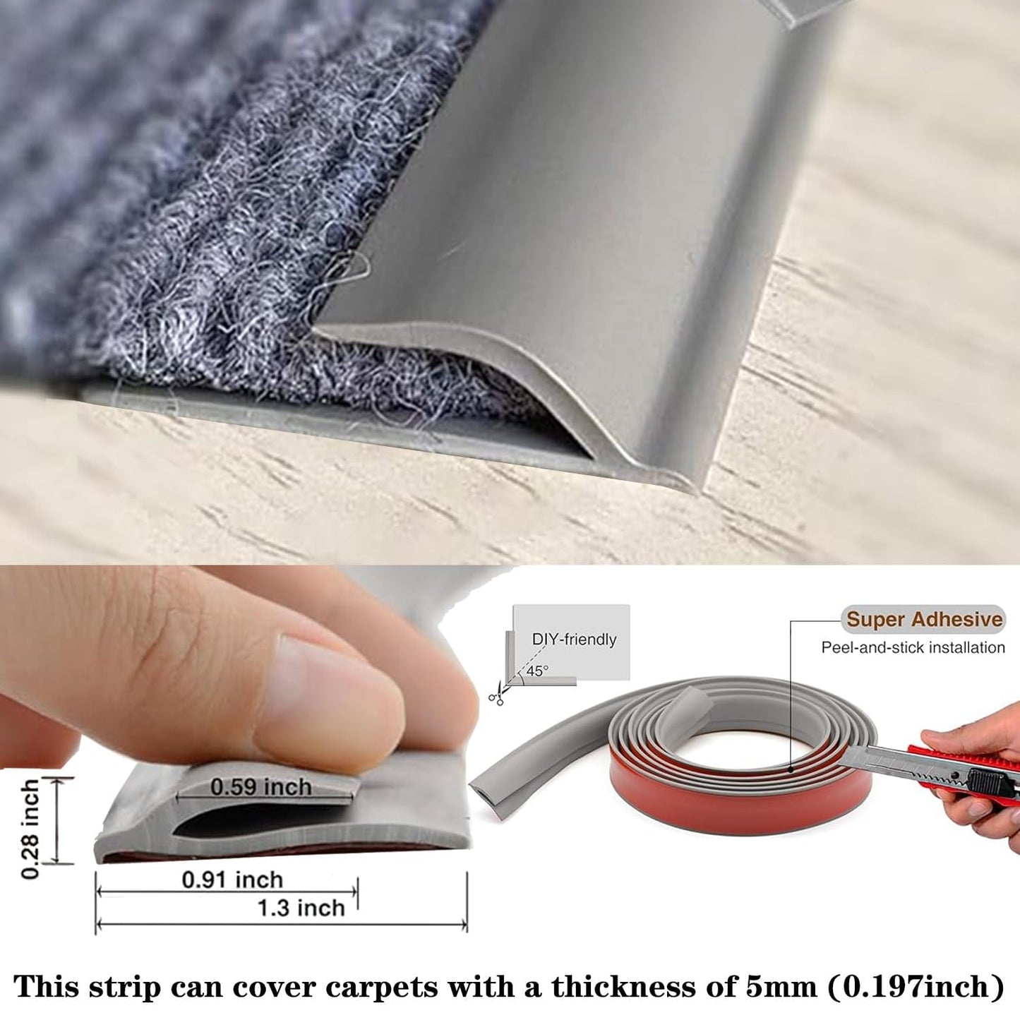 Self Adhesive Carpet Transition Strip with Edge Trim, Designed for Seamless Transitions from Carpet to Tile or Vinyl Floors, Perfect for Doorways.(Gray,50ft)