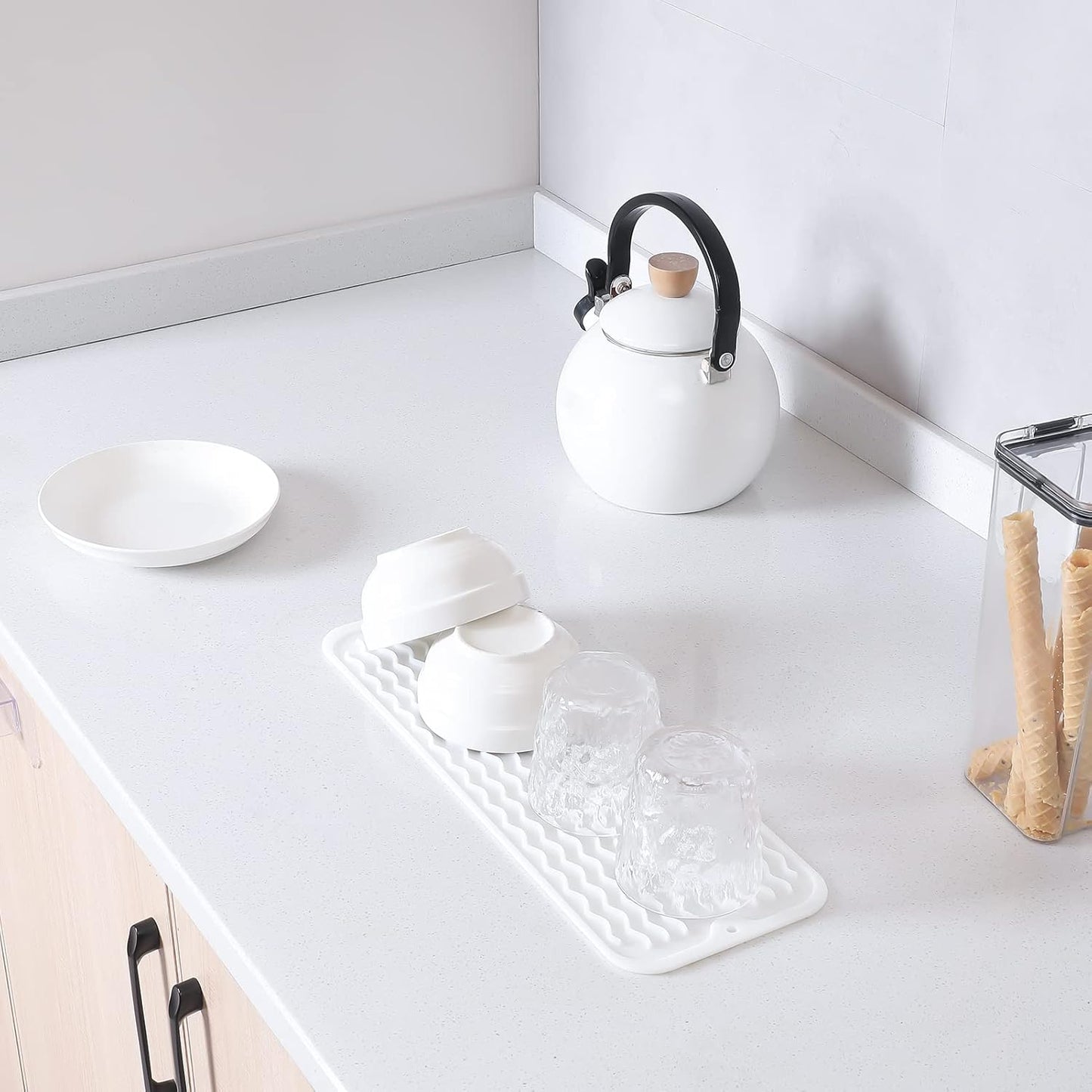 Silicone Dish Drying Mat for Multiple Usage,Easy clean,Eco-friendly,Heat-resistant Silicone Mat for Kitchen Counter,Sink,Bar,Bottle,or Cup White M 17 inches x 6 inches