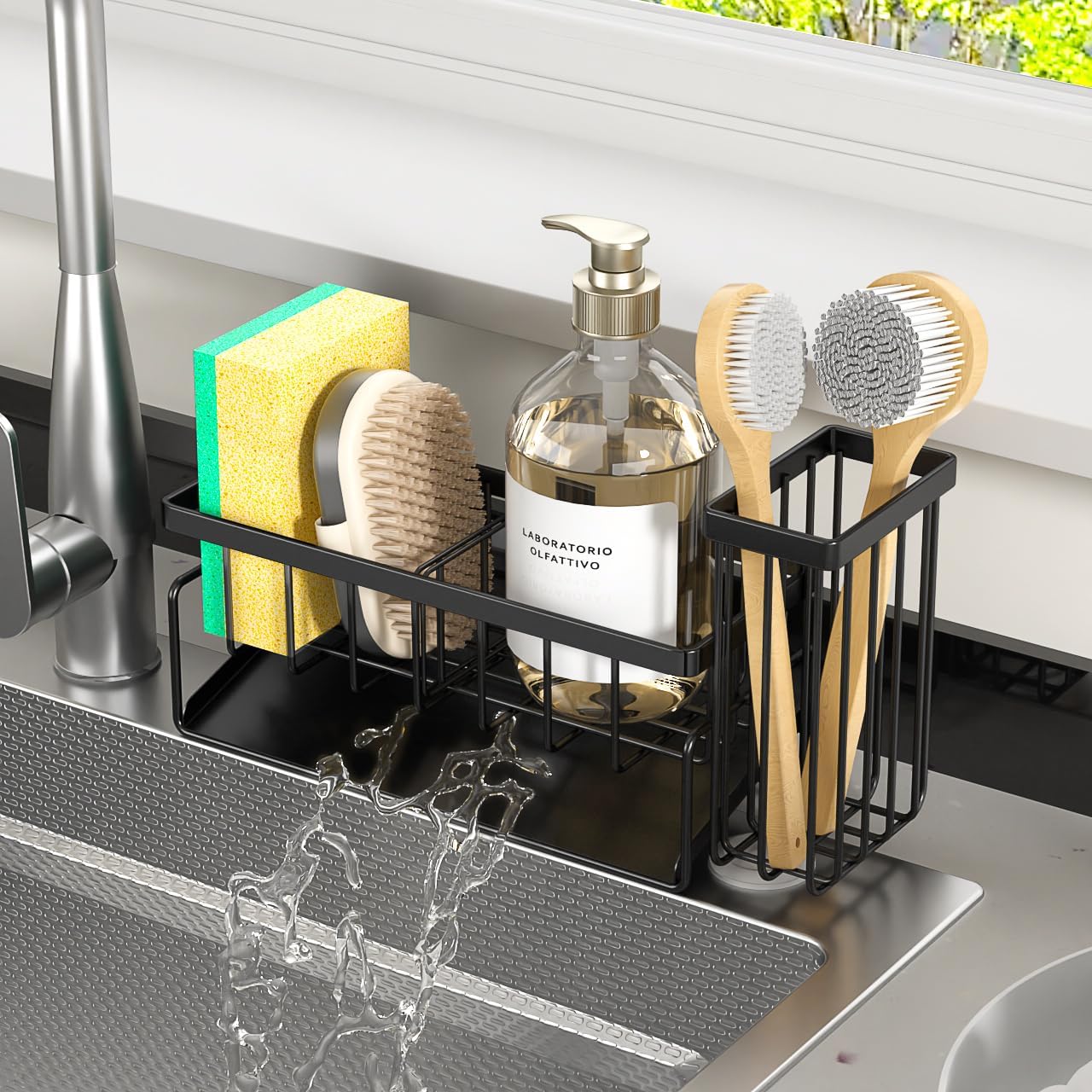 Sponge Holder & Sink Caddy Organizer - Rustproof Kitchen Sink Organizer with High Brush Holder - Kitchen Essentials Countertop Storage Organization (Carbon Black)