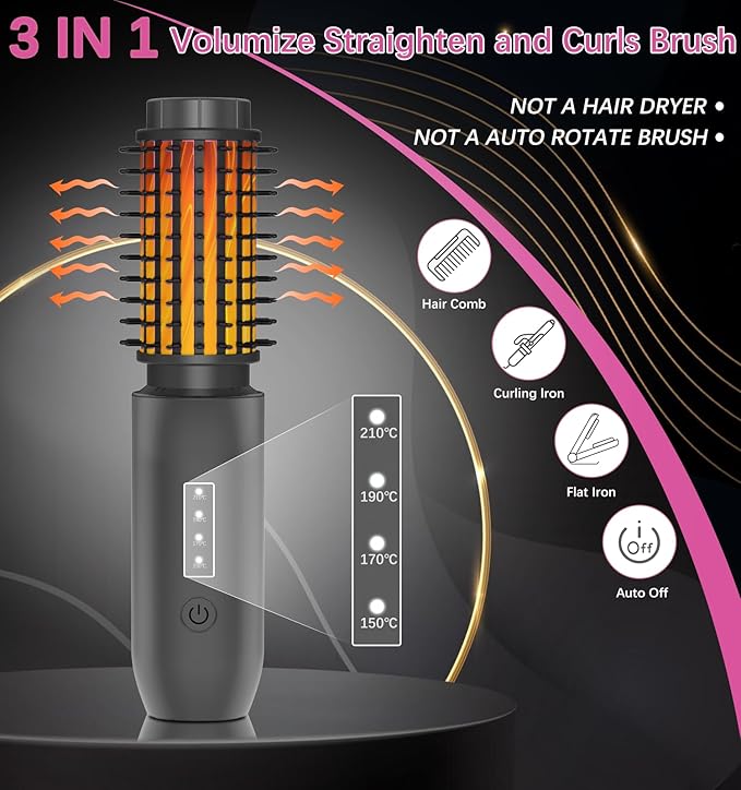 Cordless Hair Curling Iron Brush, Travel Hot Straightener Comb Curl Brush, 3-in-1 Portable Curling Iron Cordless Wand, USB Rechargeable Curling Wand-Blush(Gray)