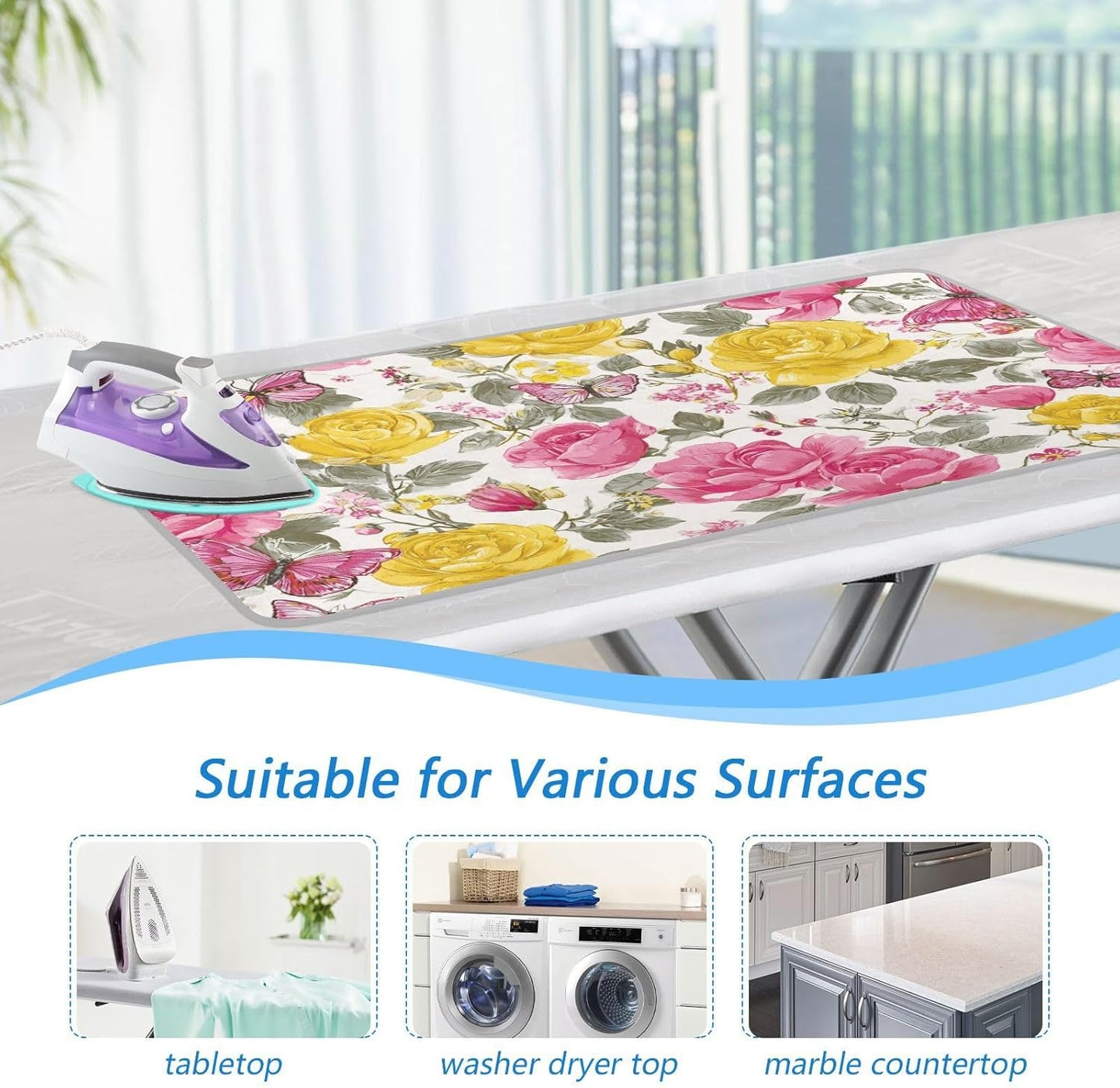 Ironing Mat Portable Ironing Pad Ironing Blanket for Table Top Heat Resistance Double-Side Using Travel Large 47.2 x 27.6 Inch Foldable Lightweight Groovy Roses and Butterflies