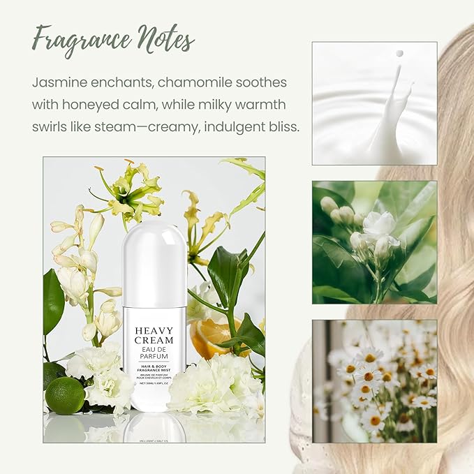 Hair Perfume, Heavy Cream Hair Perfume for Women Long Lasting Pheromone Body Spray Oil Mist Deodorizer Refresher, Milk Chamomile Jasmine Portable Hydrate Shine, Alcohol Free Light Parfum, 50 ML