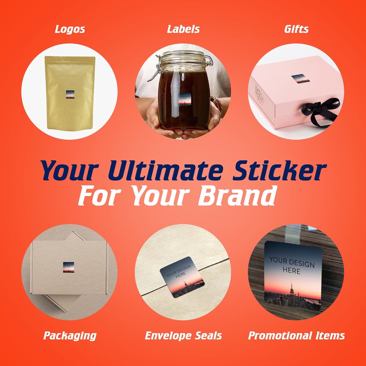 100 Custom Vinyl Stickers - Upload Your own Image, Text, Design, Logo - Personalized Logo Labels for Handmade, Packaging, Bottle, Jars, Candle, Brand Stickers (City, 1.5x1.5 Square)